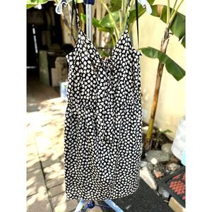 DKNY Black & Cream Apples Print Silk Blend V Neck Sleeveless Midi Dress Size M